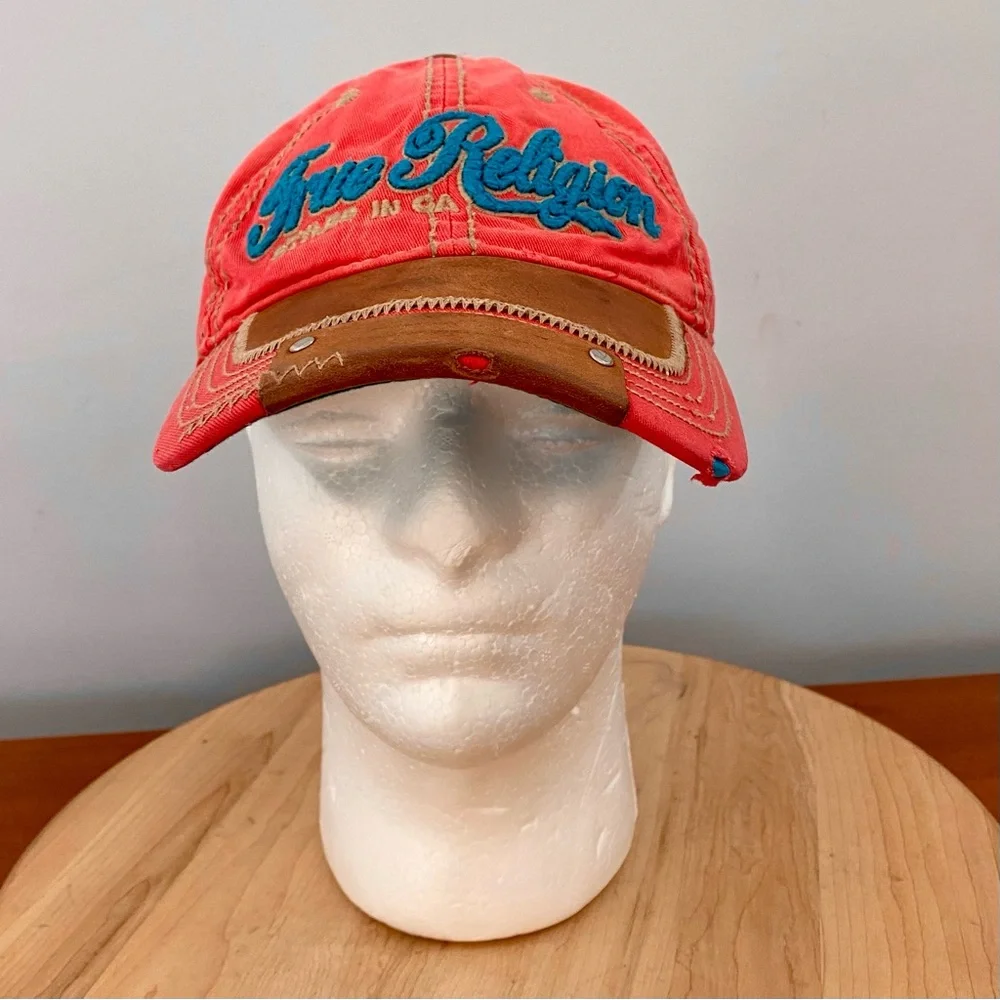 True Religion VTG The Buddha Red and Leather Distressed Hat Y2K Red Blue RARE‎