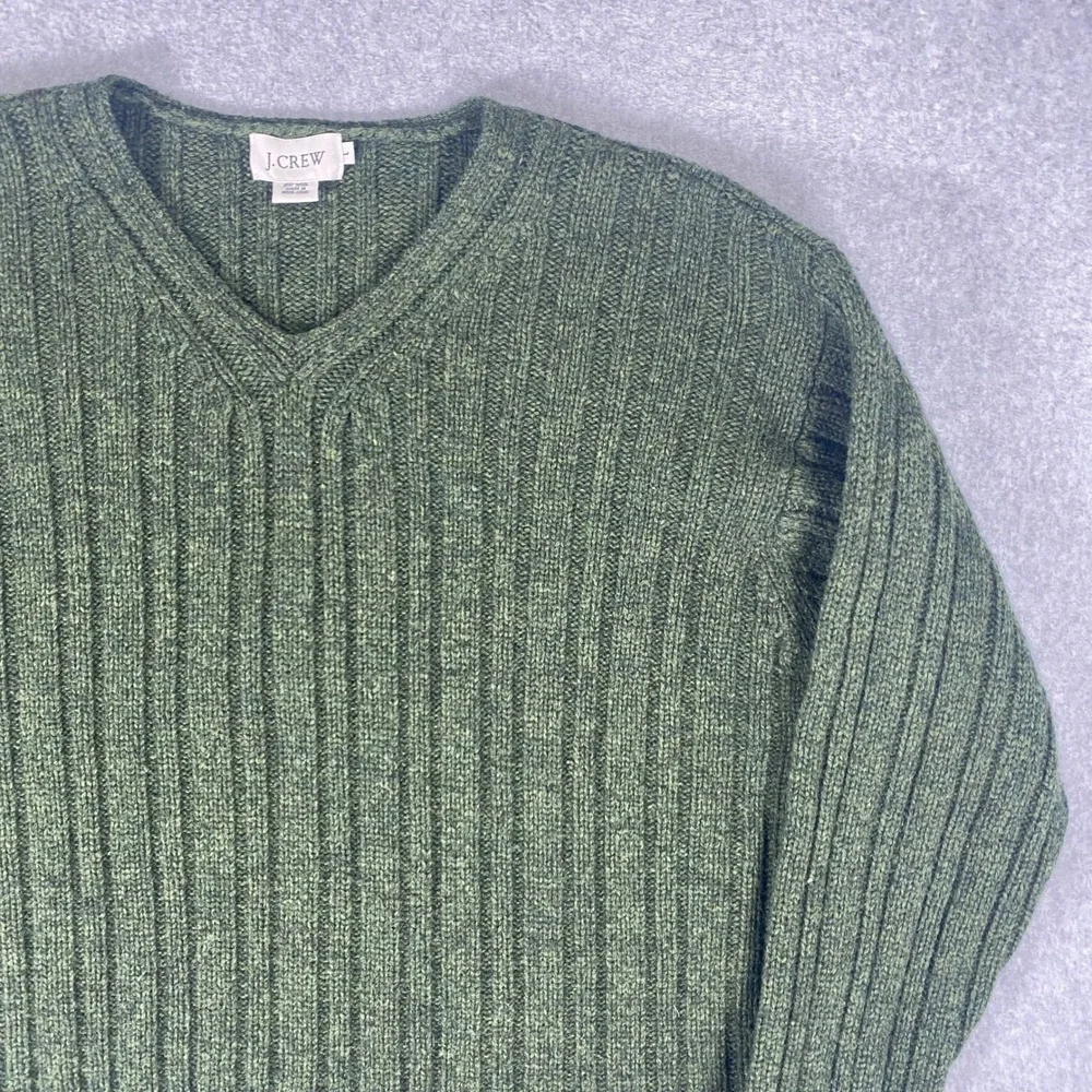 J. Crew V-Neck Sweater Mens Large Green Wool Ribbed Knit Long Sleeve Pullover