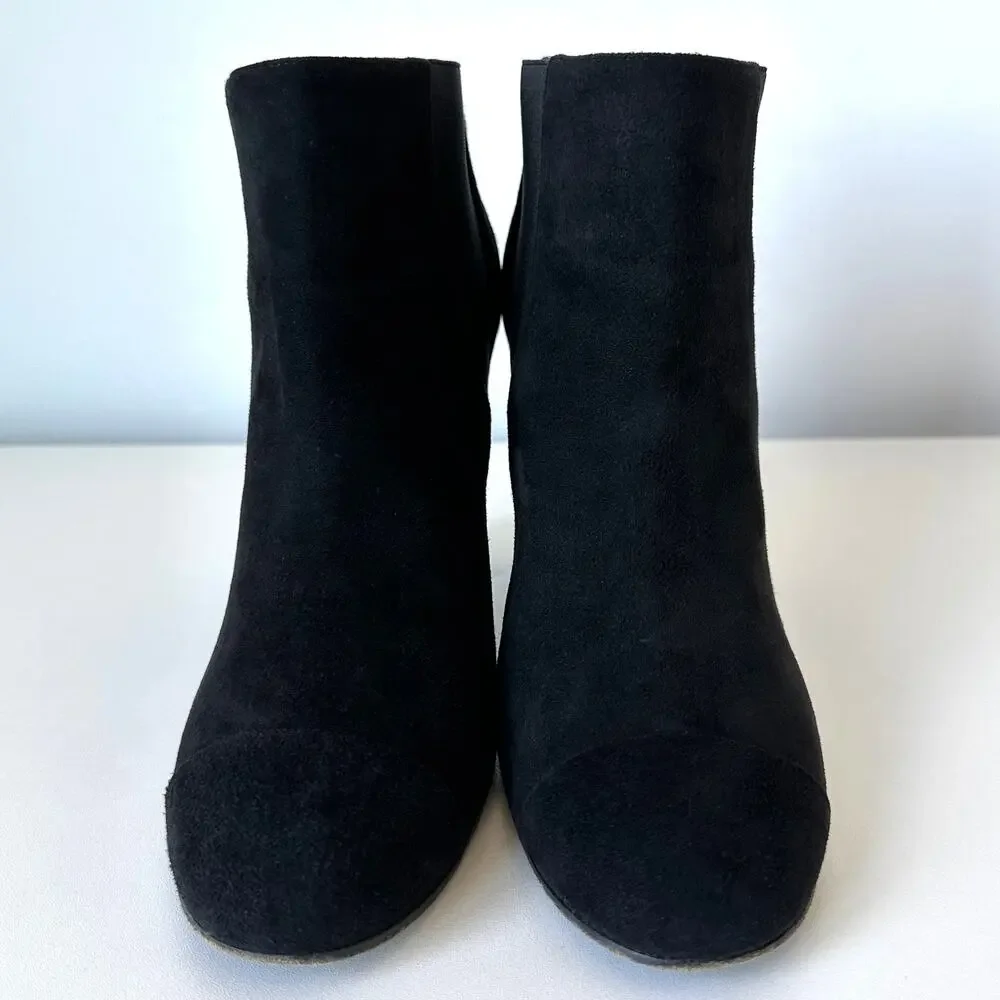 CHANEL Black Suede Gold Logo Chelsea Heel Ankle Boots IT 39.5