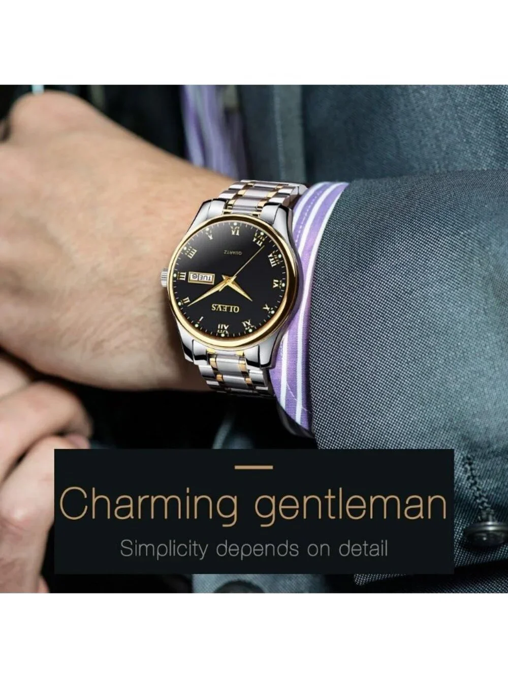 Olevs Men's Silver Stainless Black Face Analog Quartz Waterproof Luminous Watch