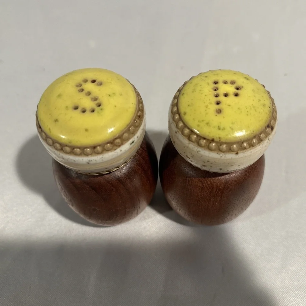 Mid-Century Teak Salt Pepper Shakers with Yellow Ceramic Tops