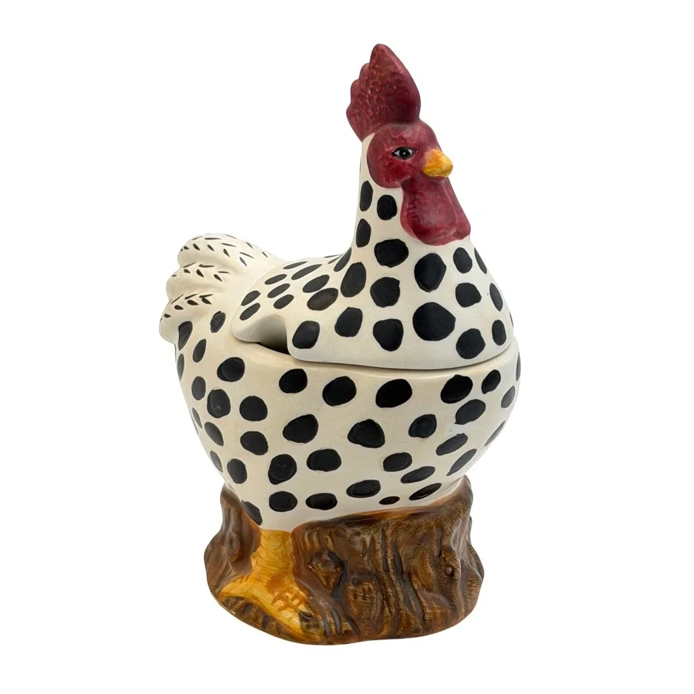 Sakura China Ceramic Rooster Sugar Bowl Polka Dot Hand Painted Farmhouse Decor