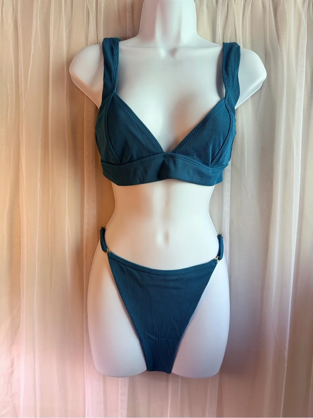 l*space Ribbed Bikini Top in Teal Blue NWT Sz large