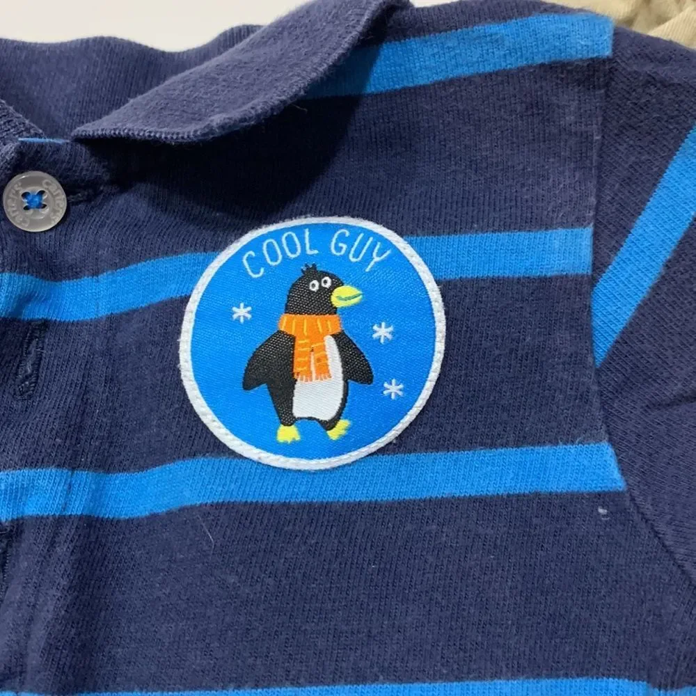 Carter’s Okie Dokie | Boys Blue Striped Penguin Shirt Tan Khaki Casual Pants 12M