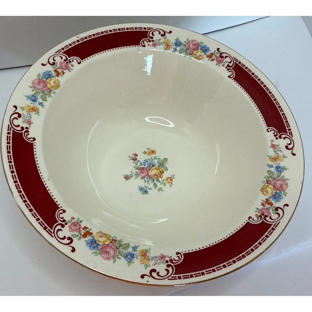 Homer Laughlin Vintage Floral Serving Bowl Burgundy Gold Trim 9‎ Inch G48N6 USA