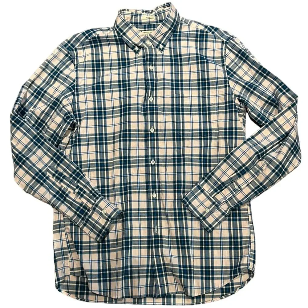 J Crew Mens Large Slim Long Sleeve Shirt in Pink and Blue Plaid Cotton Elastin
