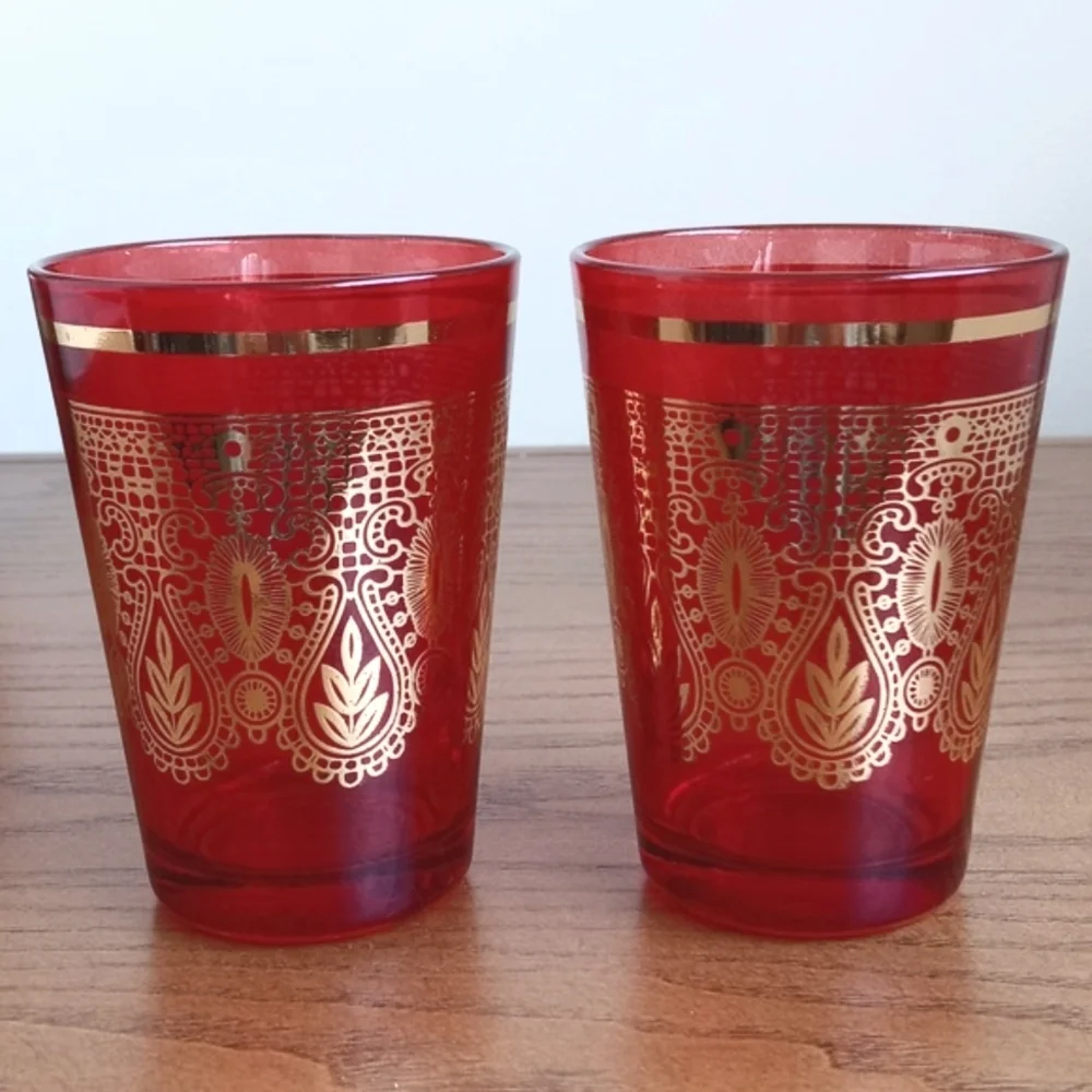 Vintage Moroccan / Turkish Tea Glasses Red & Gold Embellished Design Set of 2