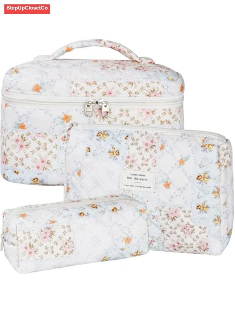 Quilted Corduroy Makeup Bag Set of 3 with Zipper