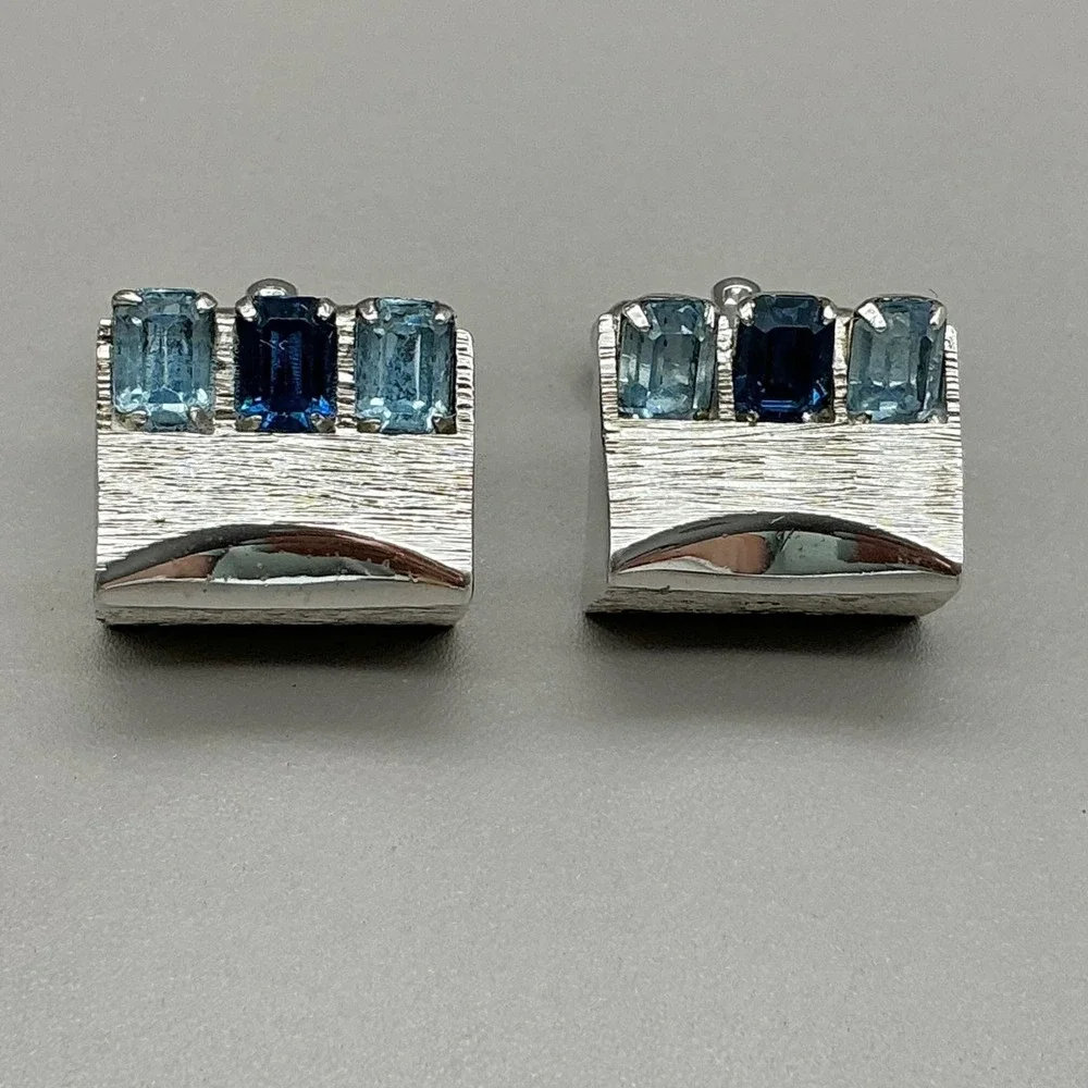 Vintage Blue Rhinestone Silver Tone Cufflinks Mid Century Modern Formal Mens