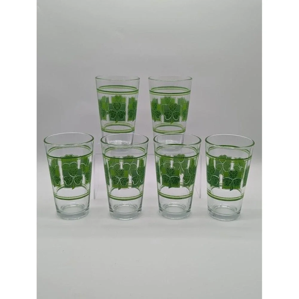 6 Set Vintage Libbey 16oz Shamrock Glasses St Patricks Day Clover Green Tumbler