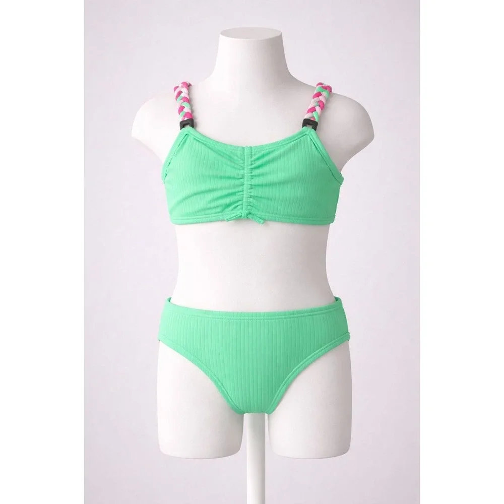 Ocean & Co Girls Aqua Ribbed Bikini Set Bra Top Bottoms Size XS 4‎ 5 UPF 50+