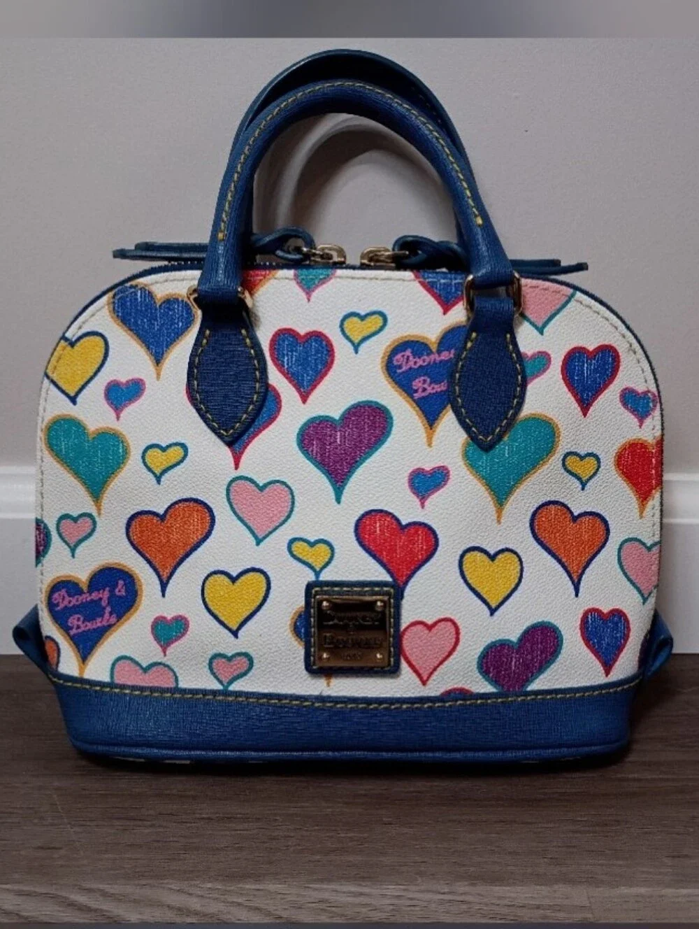 Dooney & Bourke Vintage Y2K White Blue Multicolor Hearts Leather Small Satchel