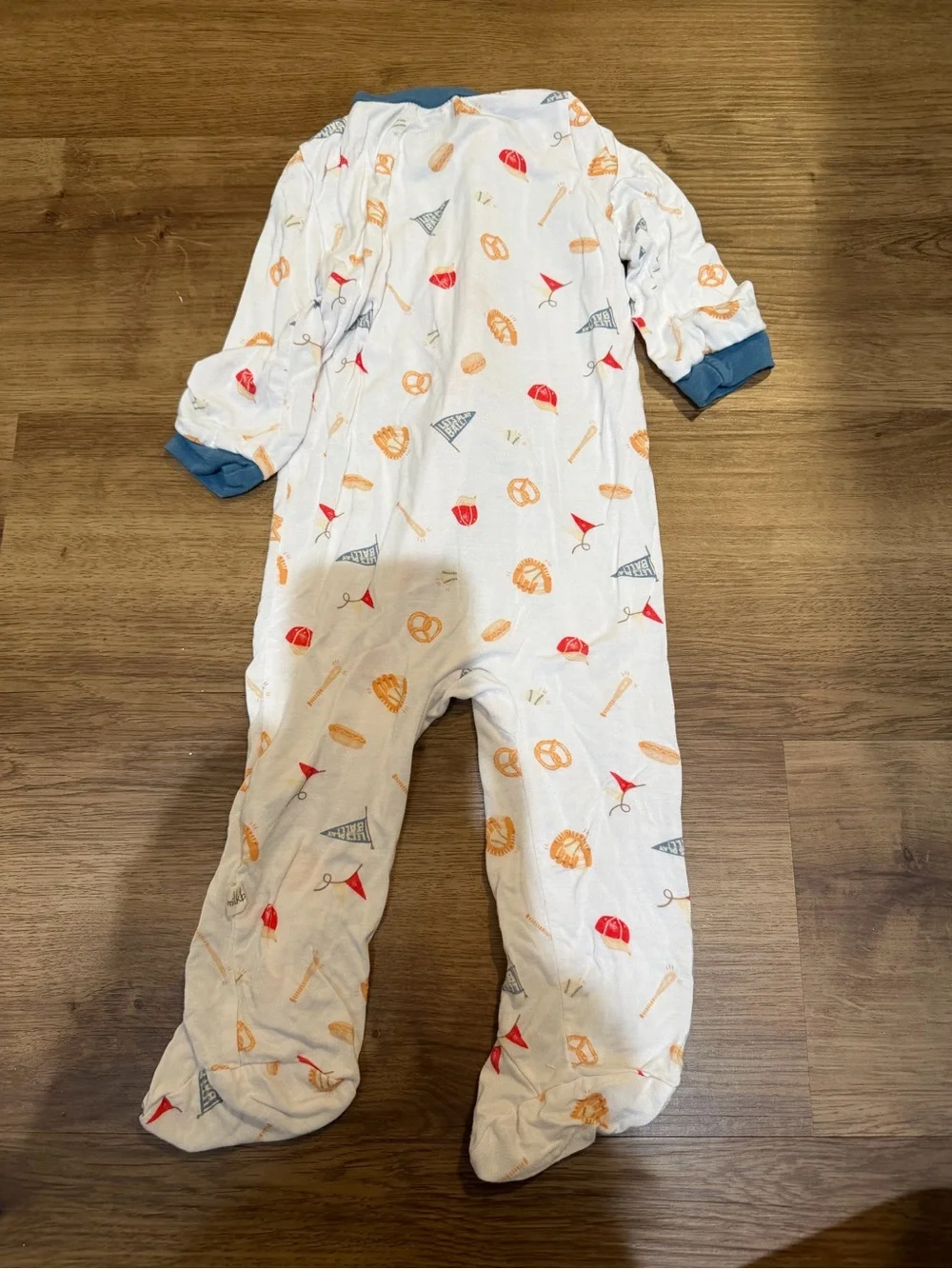 White Footed Kids Pajama Sleeper with Orange & Blue Snack Baseball Print