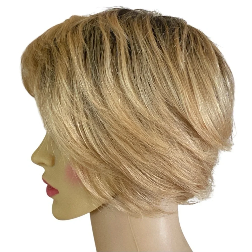 Honey Blonde Tapered Pixie Bob Dark Roots Synthetic Wig Feminine One Size Chic