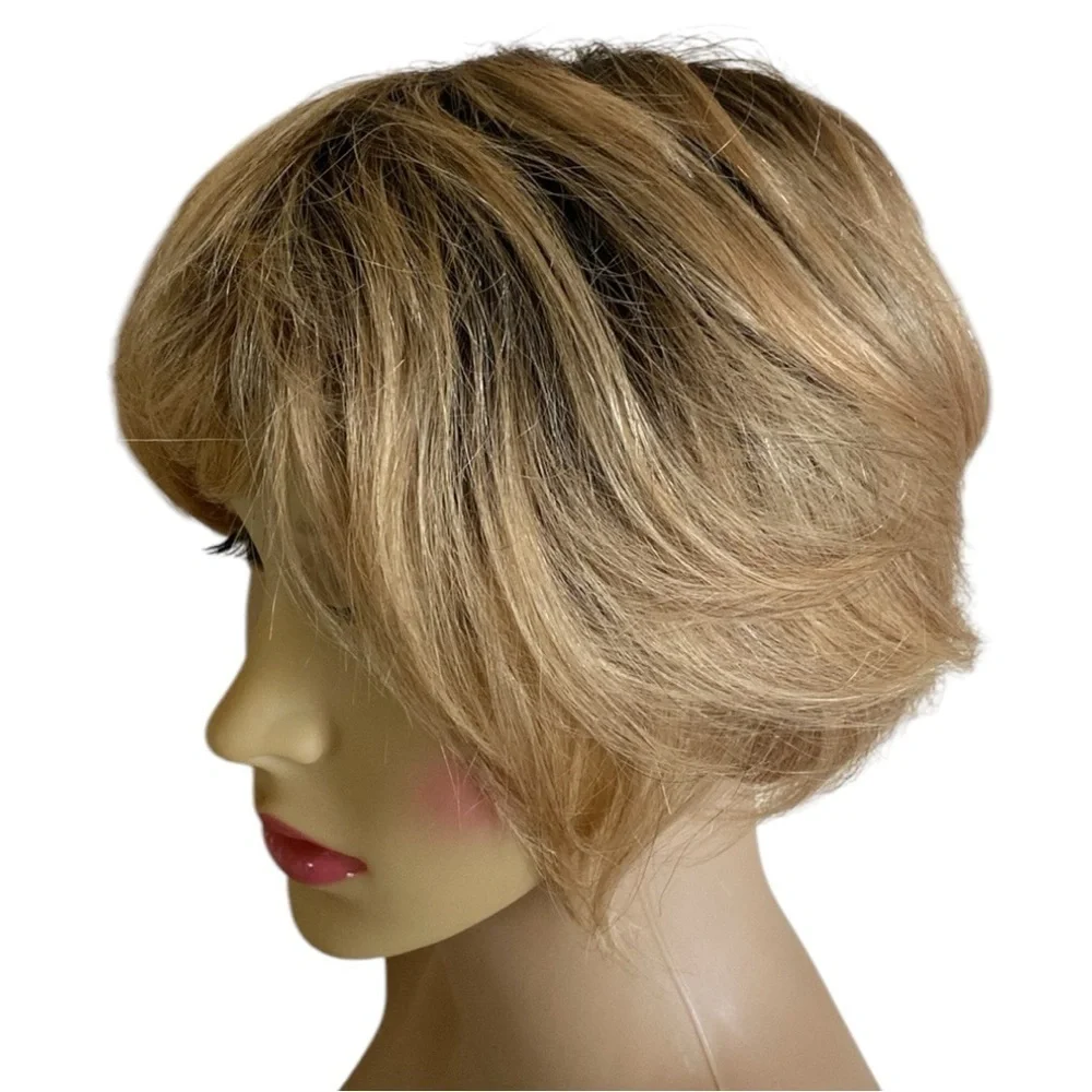 Honey Blonde Tapered Pixie Bob Dark Roots Synthetic Wig Feminine One Size Chic
