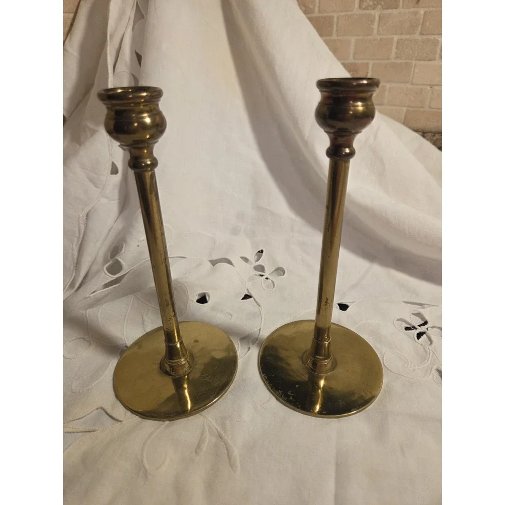 Vintage Jarvie Style Brass Candlesticks With Slender Stem & Circular Base