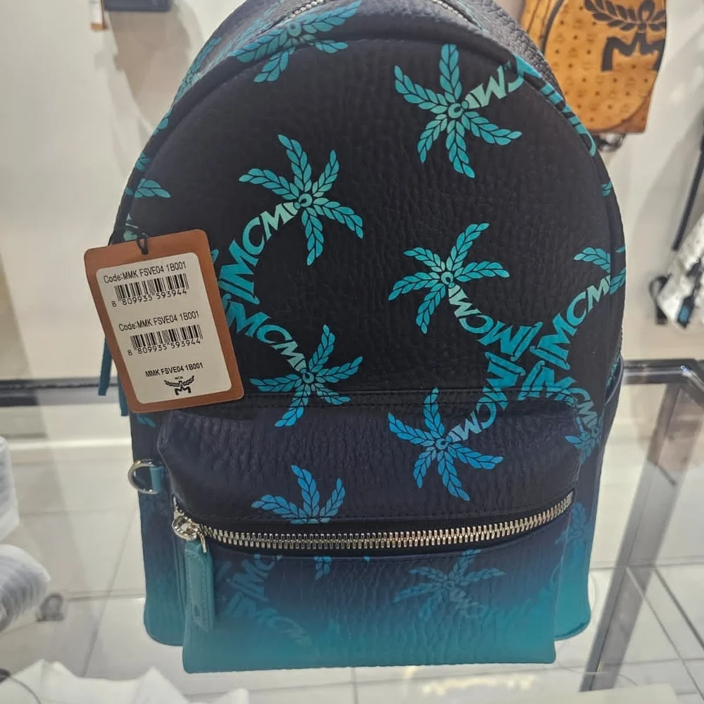 MCM Men’s Black & Teal Palm-Print Leather Backpack