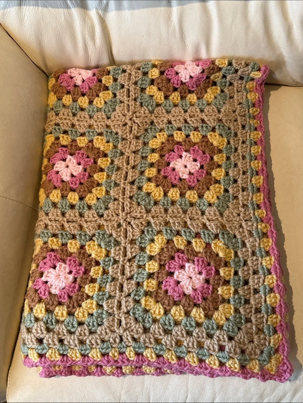 Handmade Blanket-Crocheted Granny Square-Pink/Brown/Green/Yellow-Gently Used