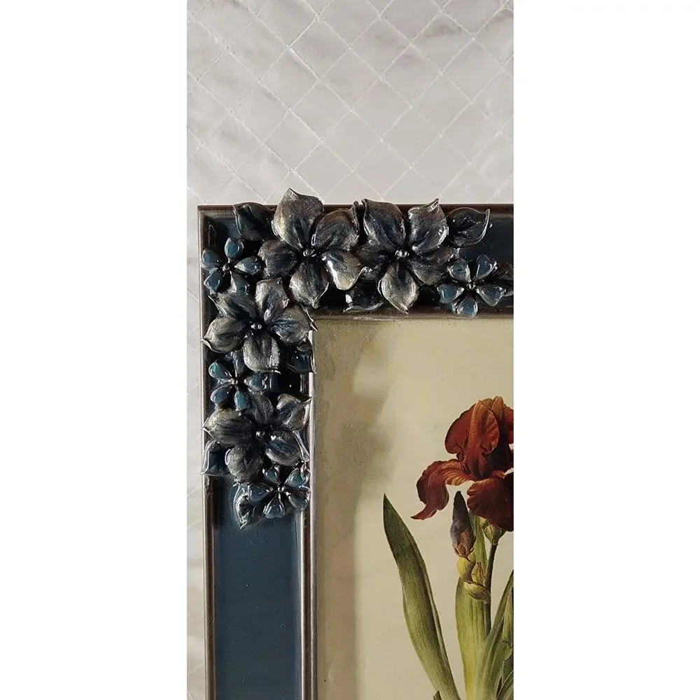 Vintage Blue Enamel Floral Metal 4x6 Picture Frame Raised 3DFlowers CottageDecor