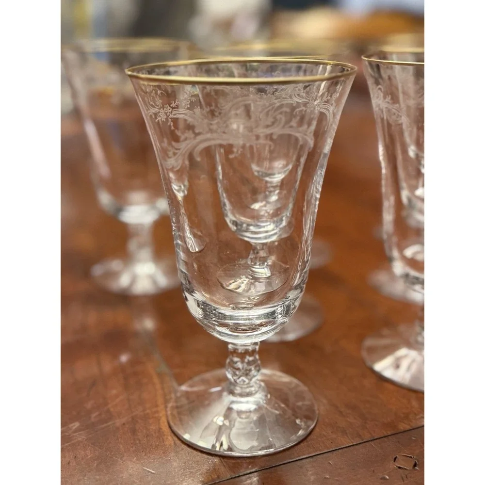 Golden Lace by Fostoria‎ Iced Tea Glasses Set of 8 Vintage Water Etched w/h Gold
