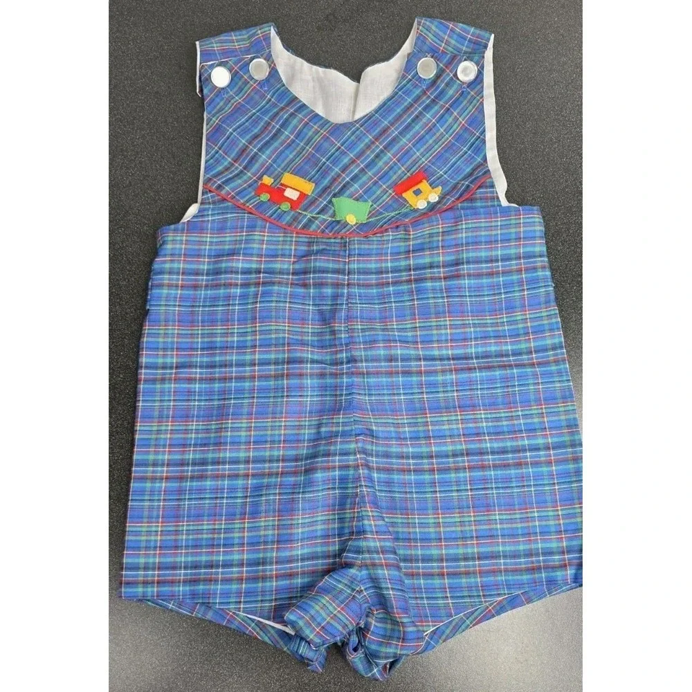 Vintage Baby Boy Blue Green Plaid Romper Shortalls Button‎ Cotton