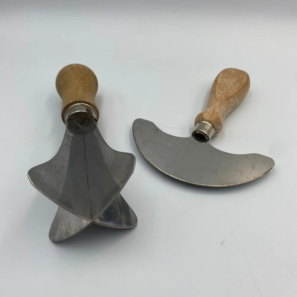 Vintage Corona Wood Handle Pastry Nut Chopper and Crescent Mincing Knife Set USA