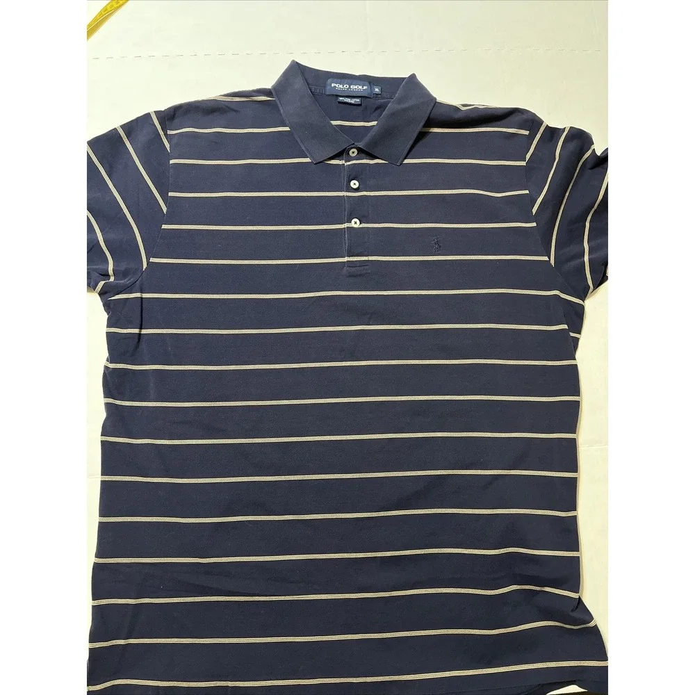 Vintage Ralph Lauren Polo Golf Shirt 100% Pima Cotton Men's XL Navy Blue Striped
