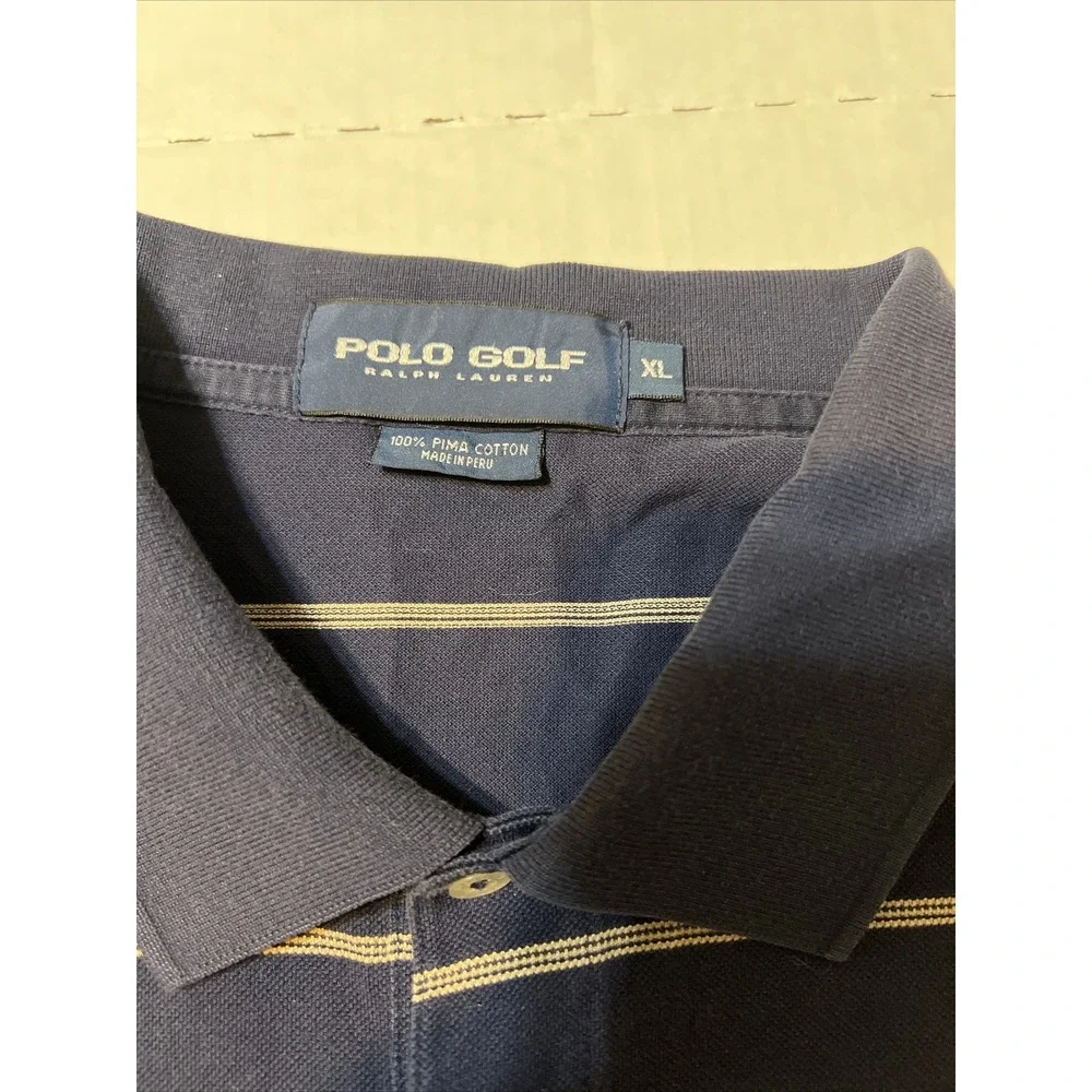 Vintage Ralph Lauren Polo Golf Shirt 100% Pima Cotton Men's XL Navy Blue Striped