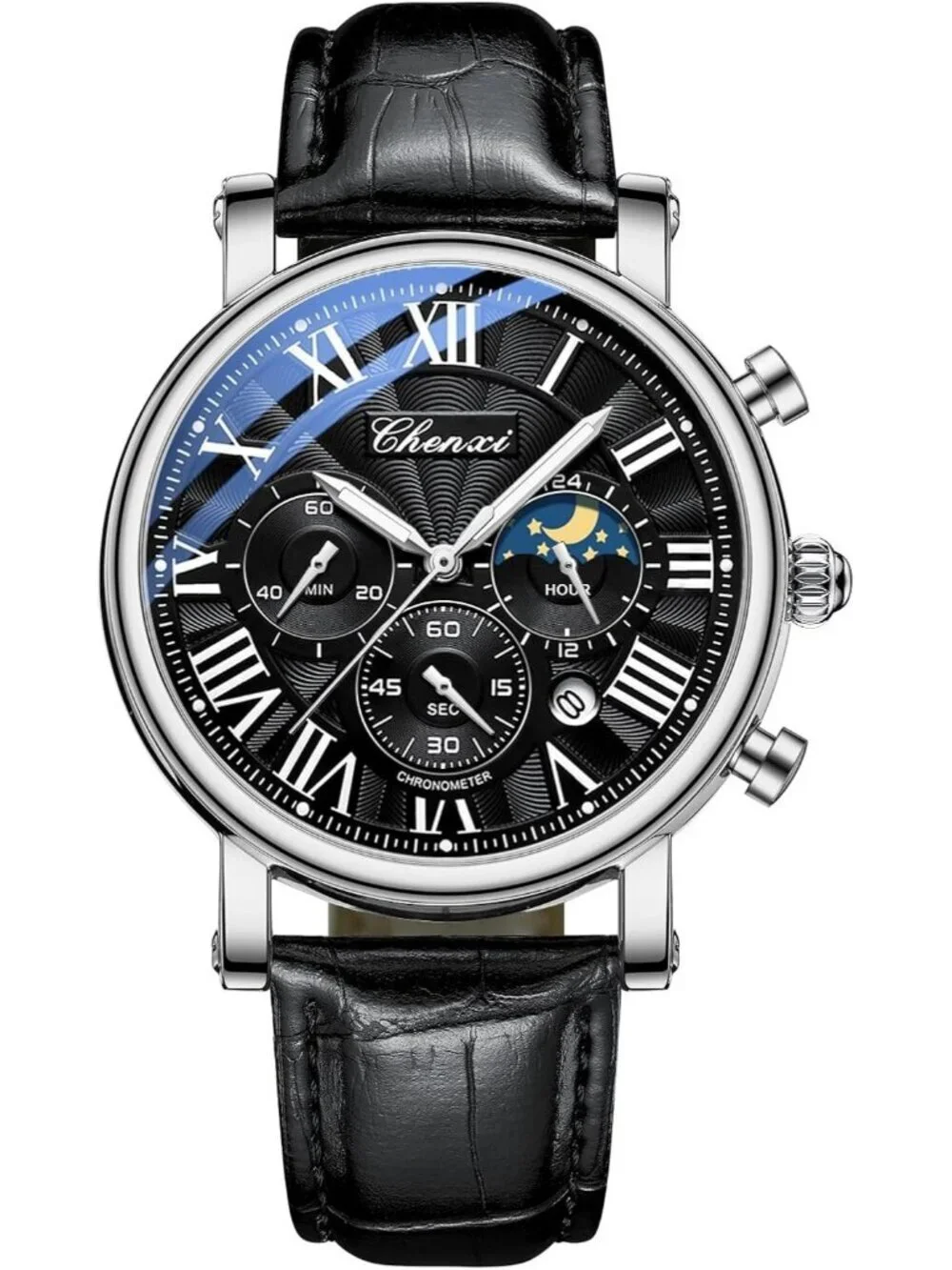 Men's Silver And Black Leather Multifunctional Military Analog Chronograph Watch