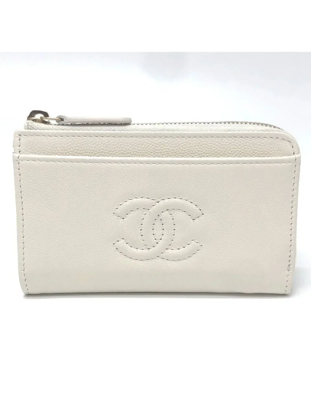 Chanel Card Case CC Logo Wallet Coin Purse Caviar Leather White