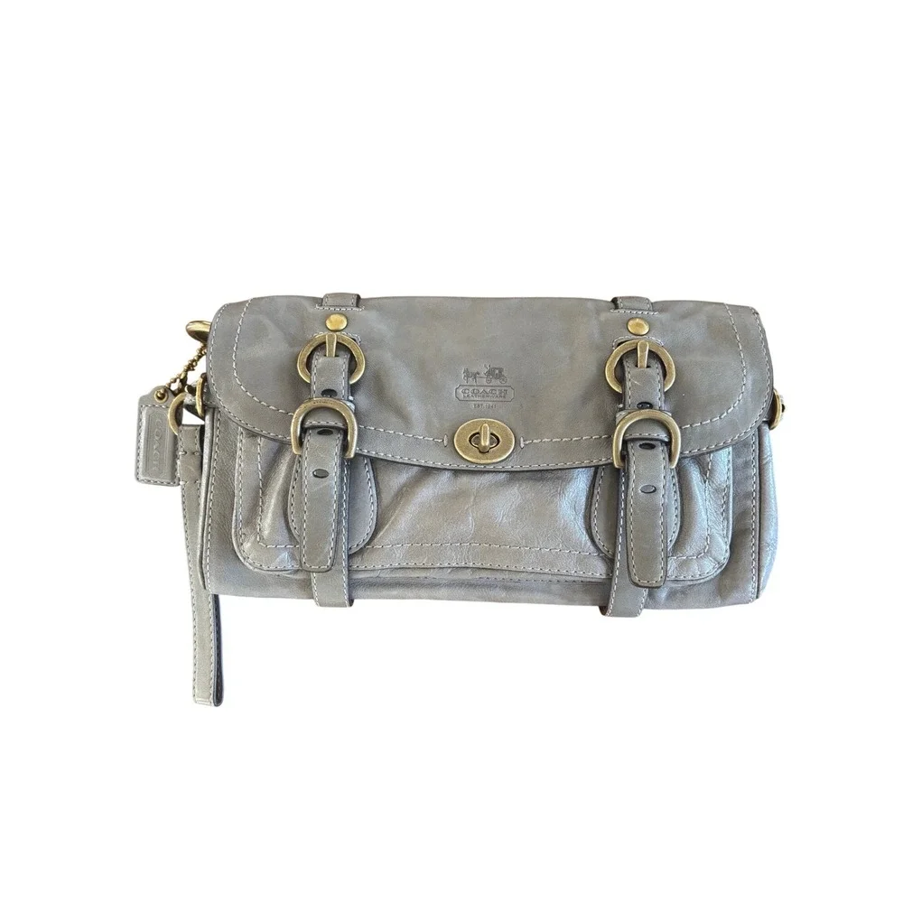 Coach Parker Grey‎ Leather Wristlet Clutch Bag E0893-12707 Vintage Y2K Brass