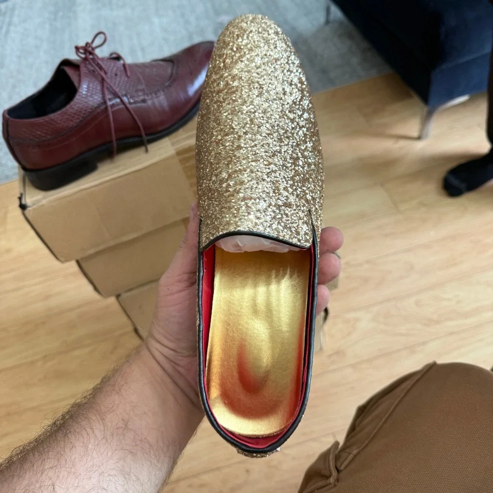 Santimon Men's US‎ 12 Gold Glitter Slip-On Loafers Sequin Dress Shoes