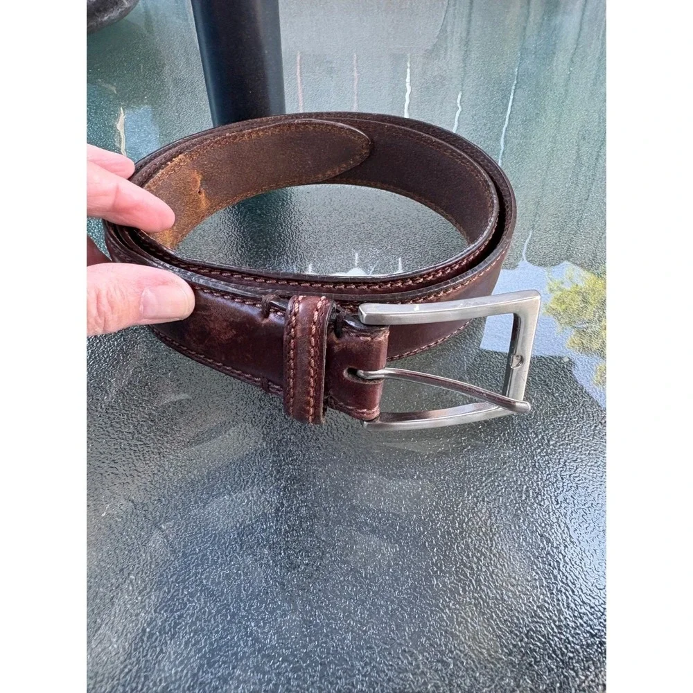 Mens Dark Brown Genuine Leather Belt Silver Buckle Double Stitched Size‎ 30
