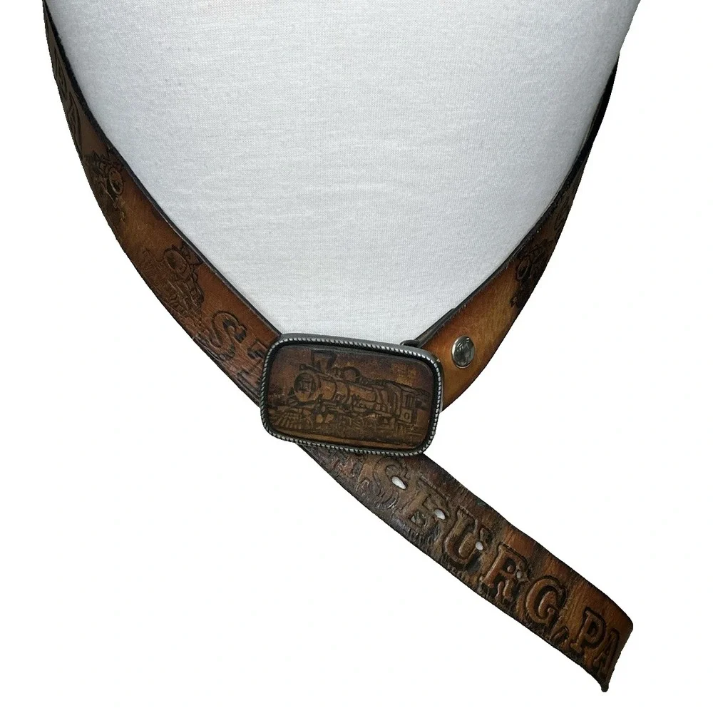 Vintage Tooled Leather Strasburg Pa Train Belt 36 - 42 Buckle USA‎