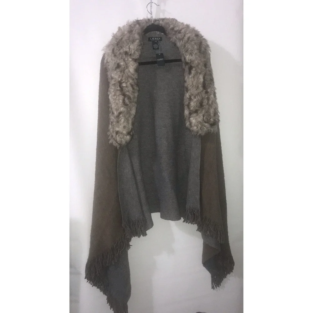 Ralph Lauren LRL Poncho Women's Brown‎ Faux Fur Cape One Size Shawl Fringe $118