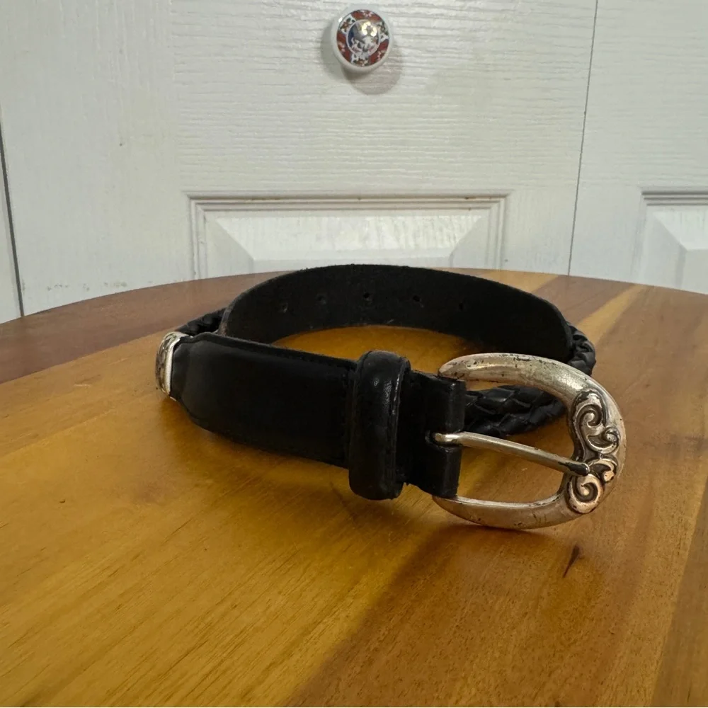 Fossil black braided leather‎ silver tone buckle belt