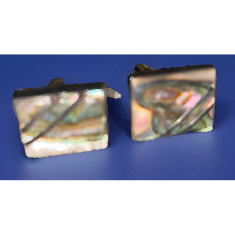 Vintage 925 Sterling Silver Abalone Shell Cufflinks Mid Century‎ Modern Mens
