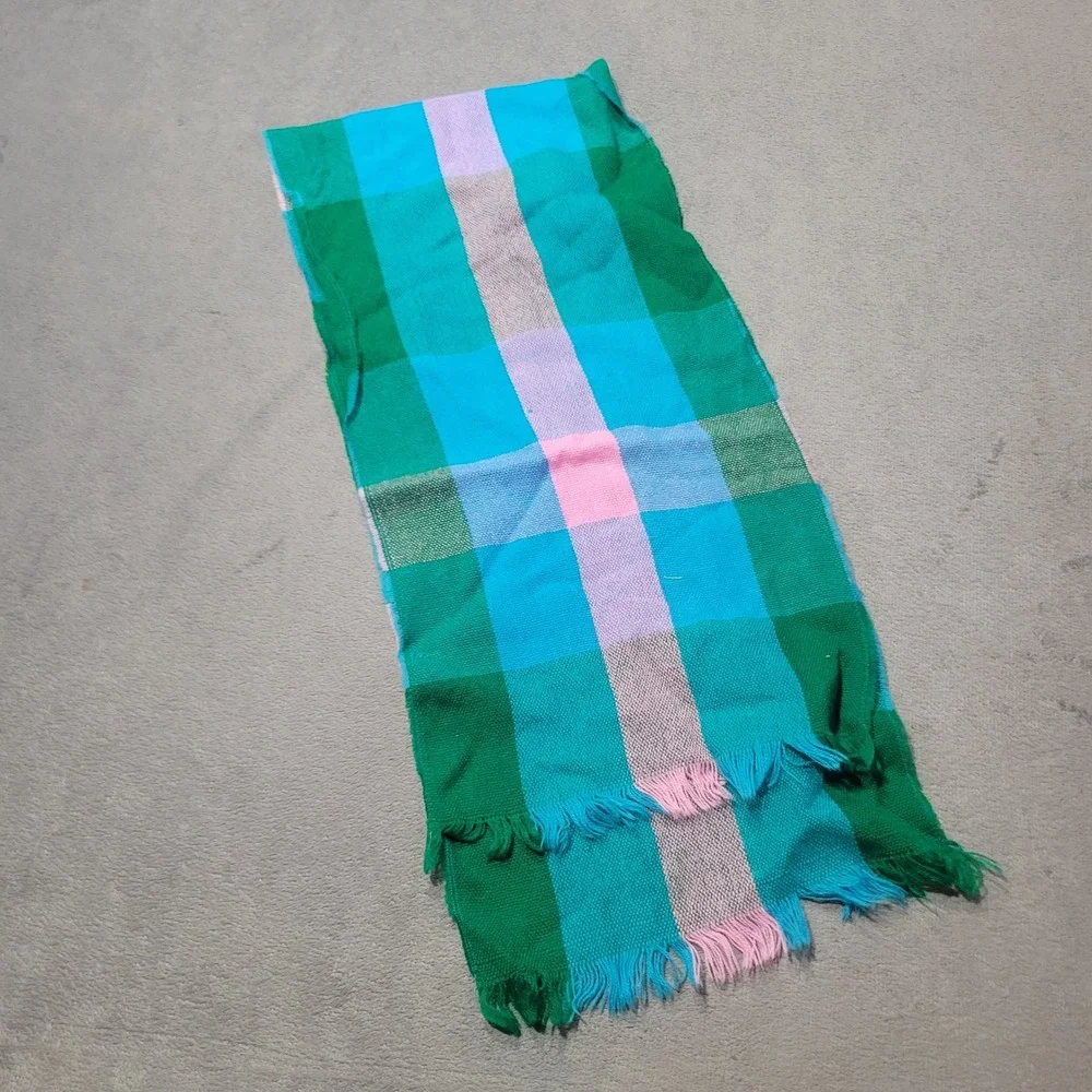Plaid Checkered Scarf‎ Unisex Green Blue Pink Fringe Vibrant Cozy Boho Scarf