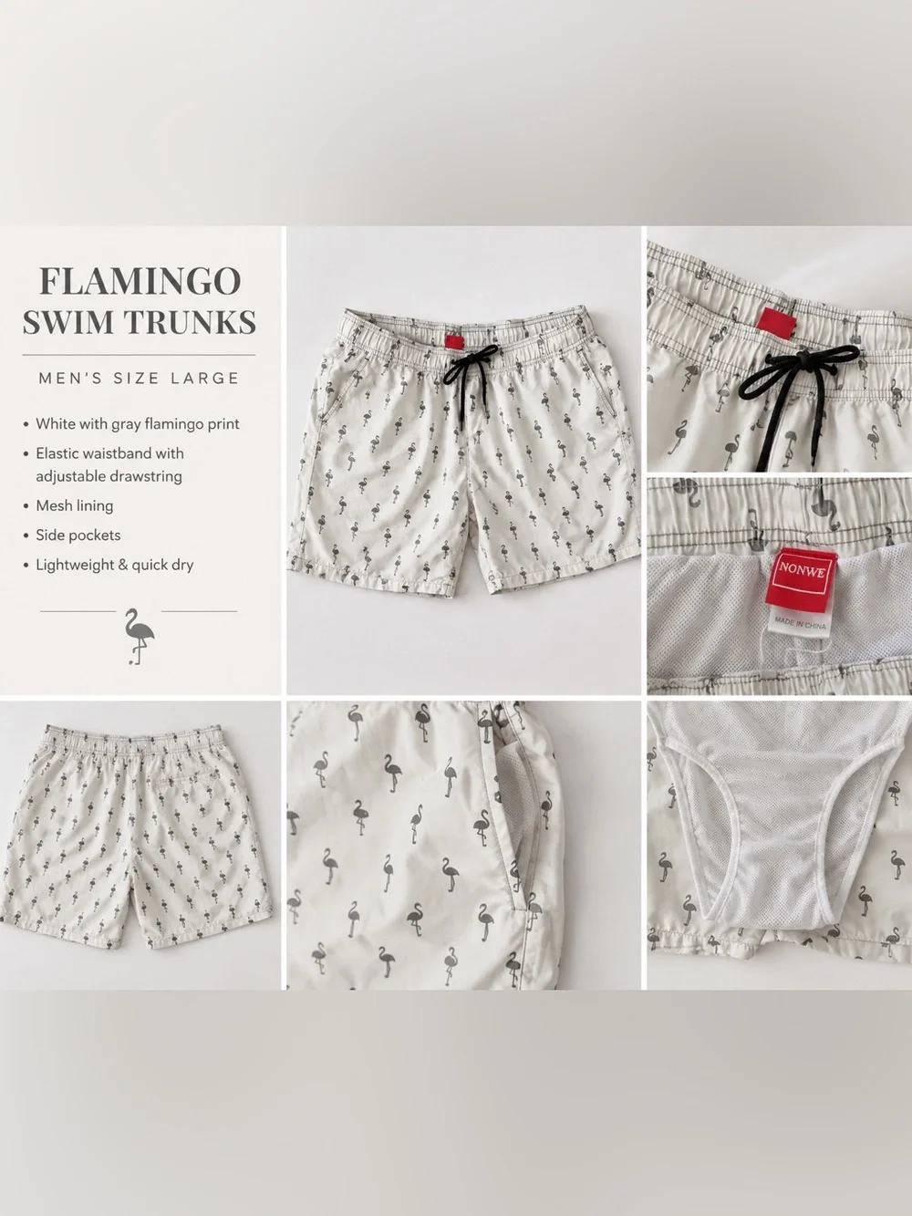 White mens Swim Trunks with Black Flamingo Print