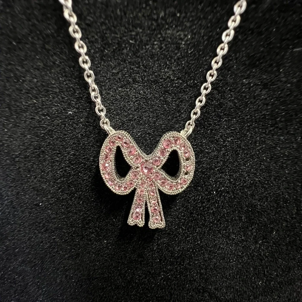 Coach Silver Tone Pink Pave Crystal Bow Pendant‎ Necklace 17 Inch Chain
