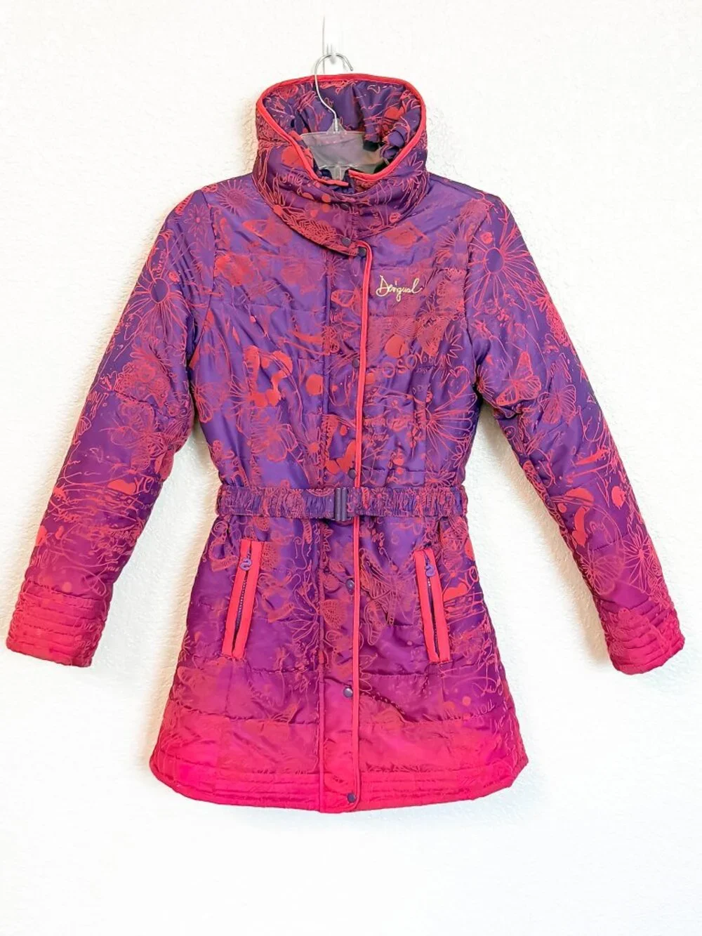 Desigual  'Hume' Ombre Quilted Puffer Coat Kids Girls 13/14 Velvet Flocked Belt