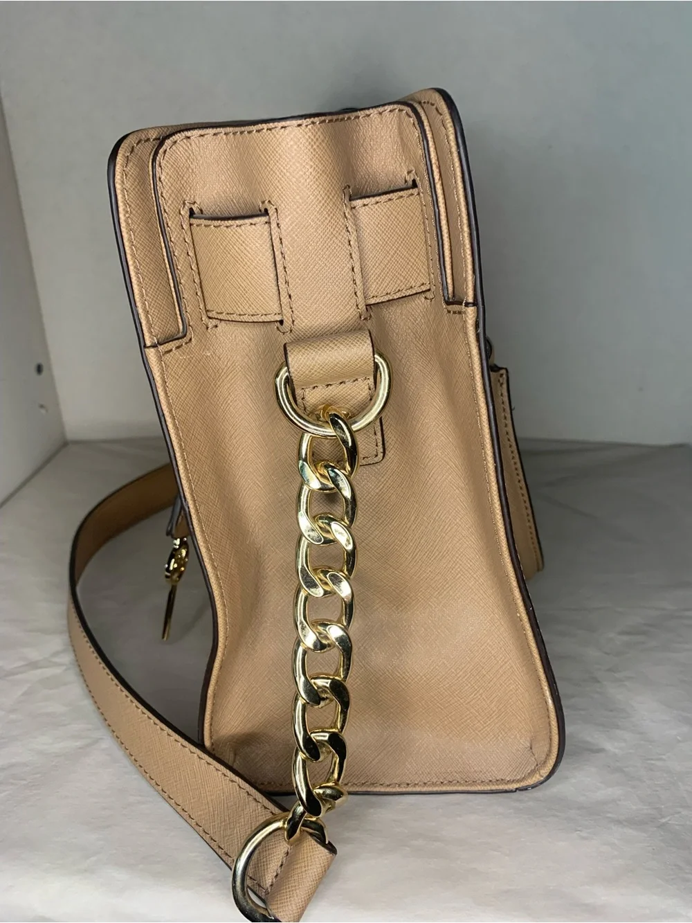 Michael Kors Hamilton Beige Saffiano Leather Satchel with Gold Hardware