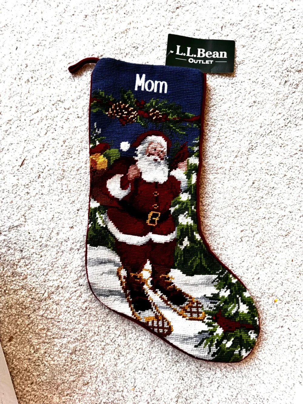 L.L.Bean Mom Santa Needlepoint Christmas Stocking NWT Discontinued Vintage Desig