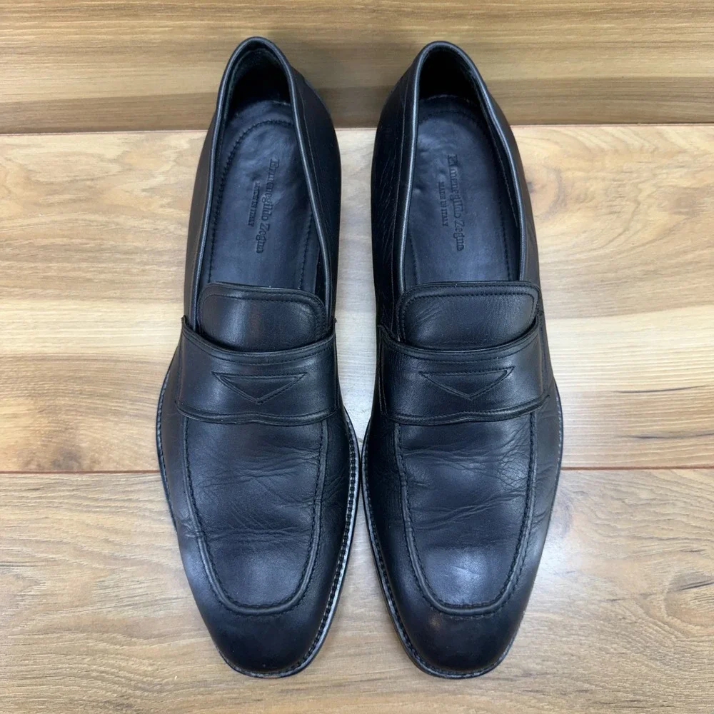Ermenegildo ZEGNA Penny Loafers Mens 9 Black Leather Dress Formal Business