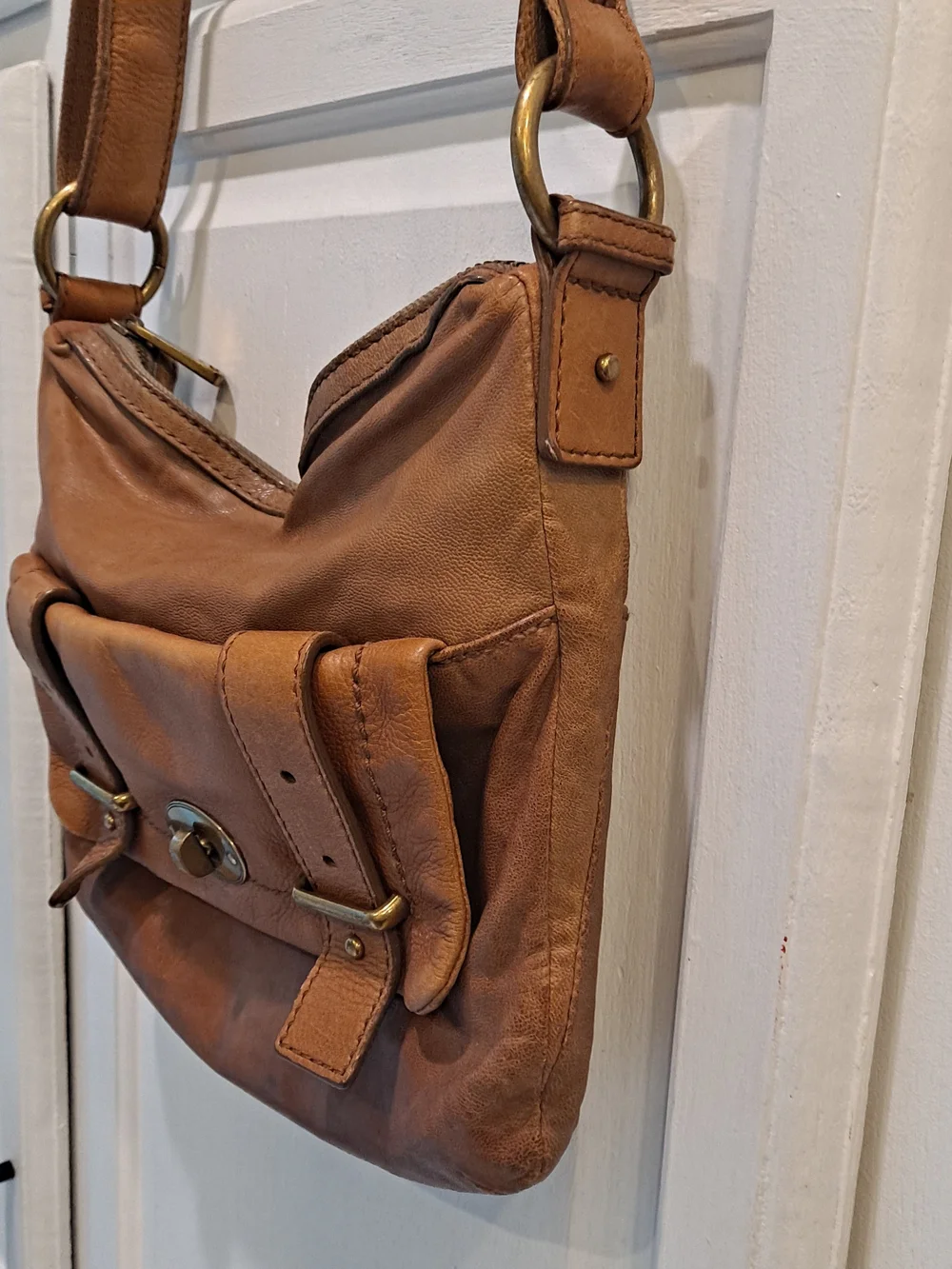 Fossil Cognac Brown Cowhide Lambhide Leather Satchel Front Buckle Flap Brass
