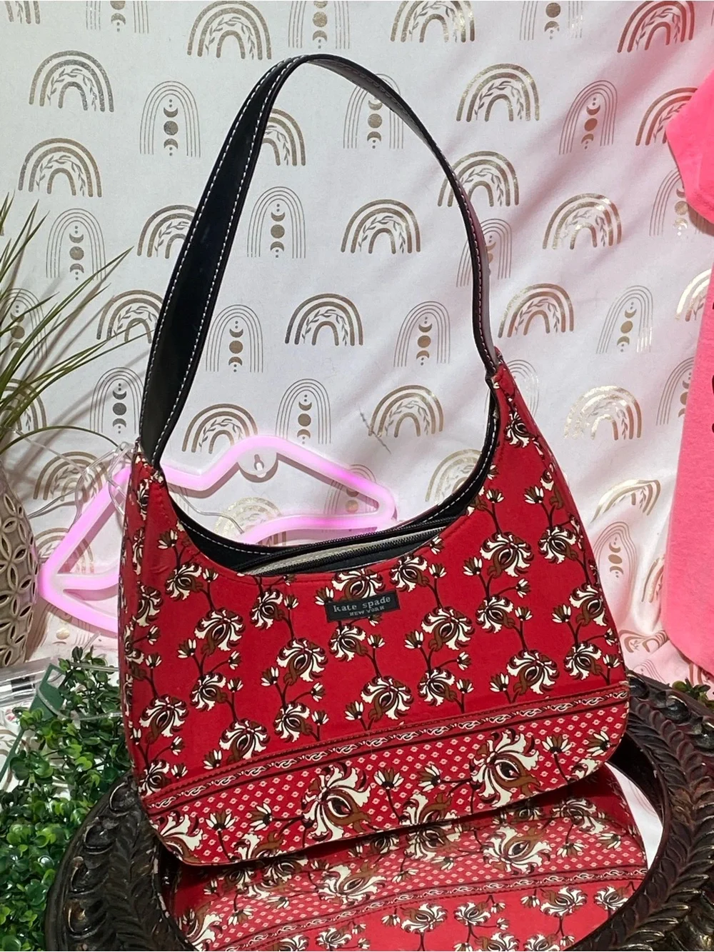 kate spade Red Floral-Print Shoulder Bag with Black Strap