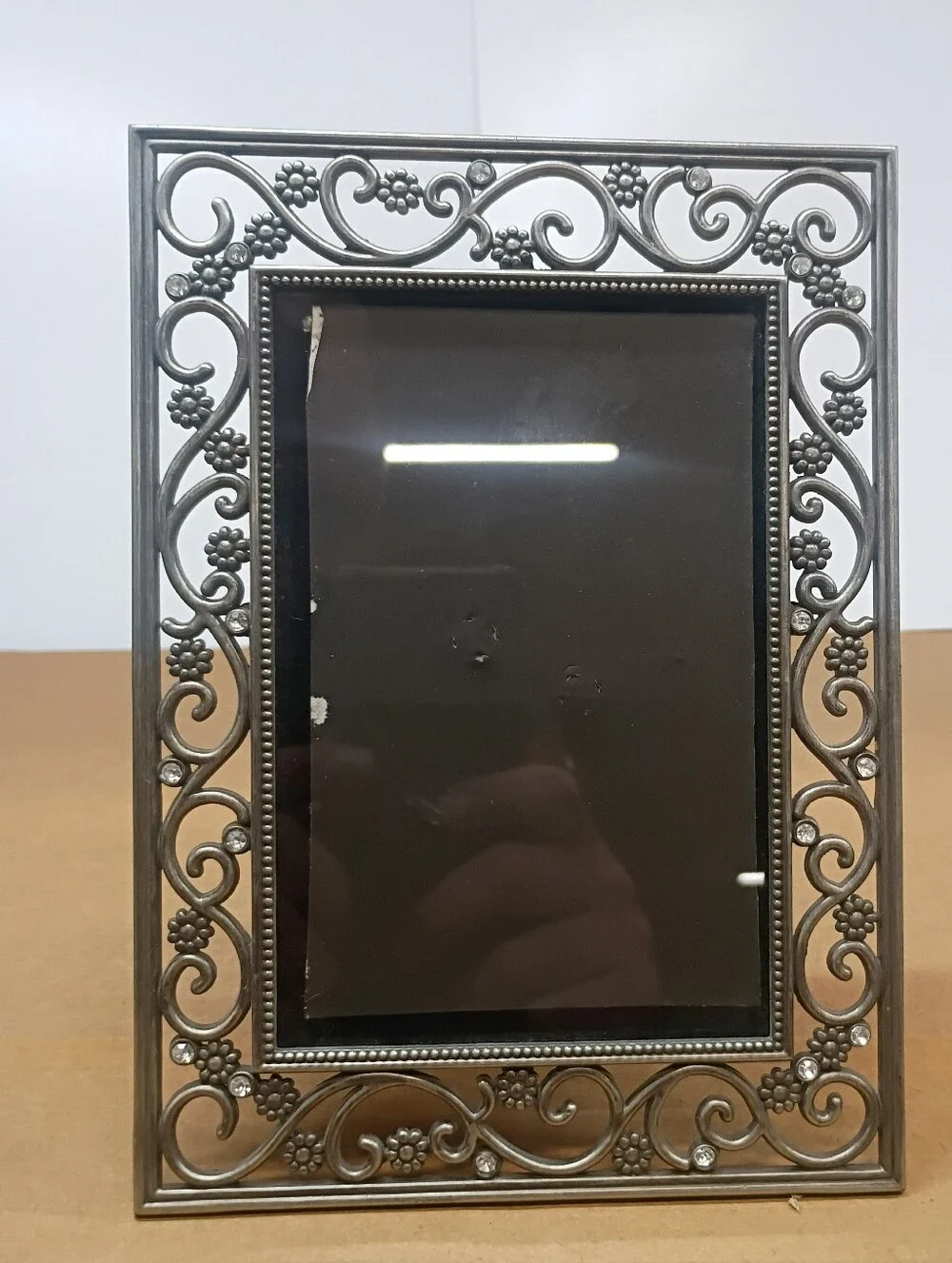 Jeweled Heirloom Faux Silver With Rhinestones Photo Frame For 4x6” Photos