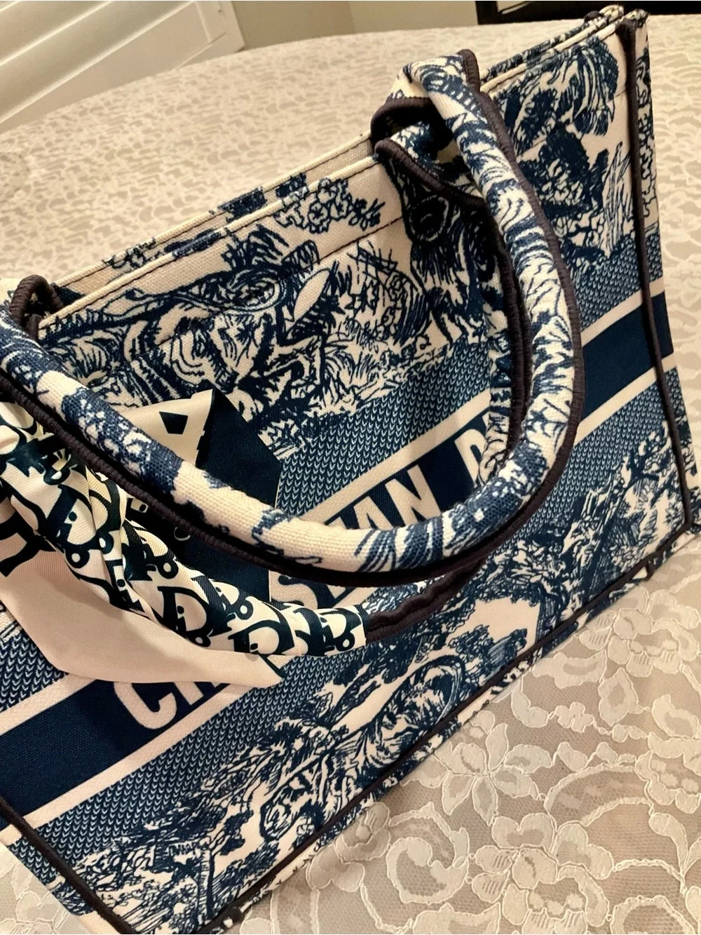 Dior letters  Toile Canvas Tote in Navy and Ivory medium size .