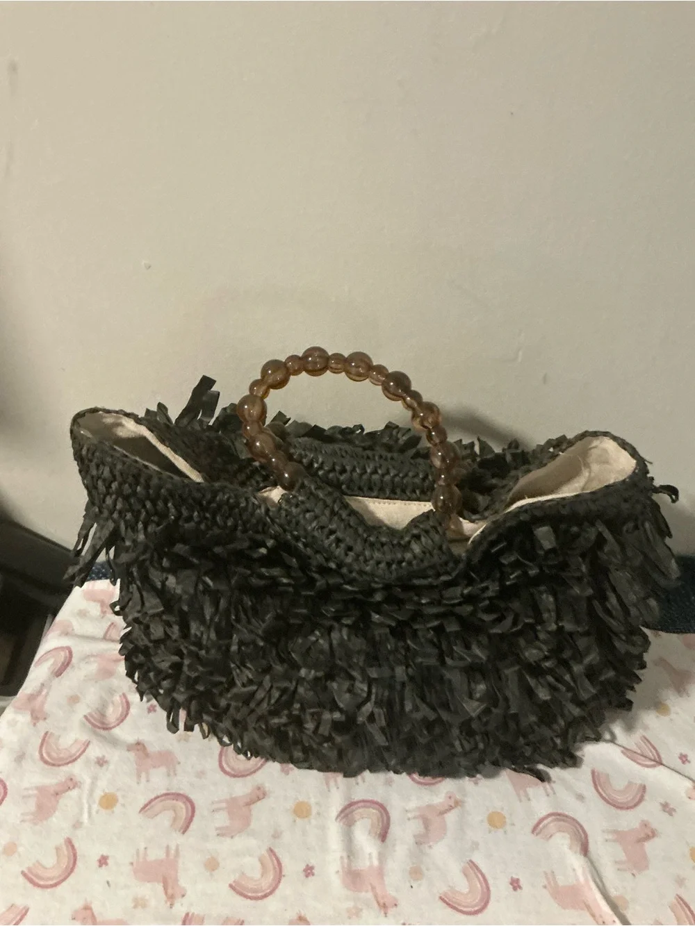 Black Fringed Straw Tote with Beaded Handles