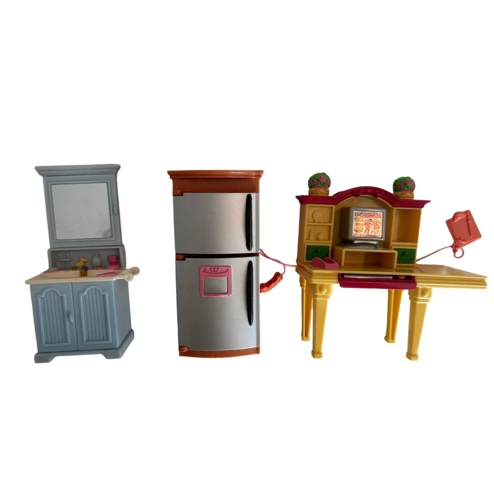 Mini Dollhouse Furniture Set Fridge Vanity and Computer Desk Lot